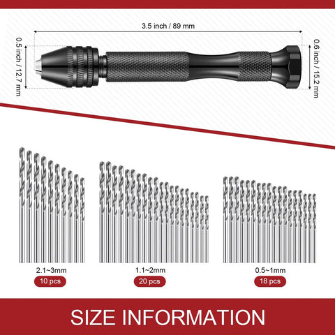 Pro Grade 59 Piece Hand Drill Bits Set With Pin Vise And Micro Twist Bits Plus 10 Tungsten Carbide PCB Rotary Bits size chart