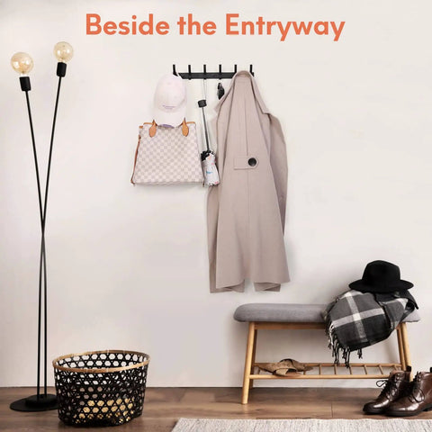 Two Pack Wall Mounted Coat Rack And Set Of Built Tough Heavy Duty Hooks For Entryway Black Space Aluminum Hanger Rack Hat Key Holder Purse Rack Towel Rail Anti Scratch Easy Install Holds Up To 11 Lbs Per Hook 44 Lbs Total, shown with coats and bags in an entryway setting.