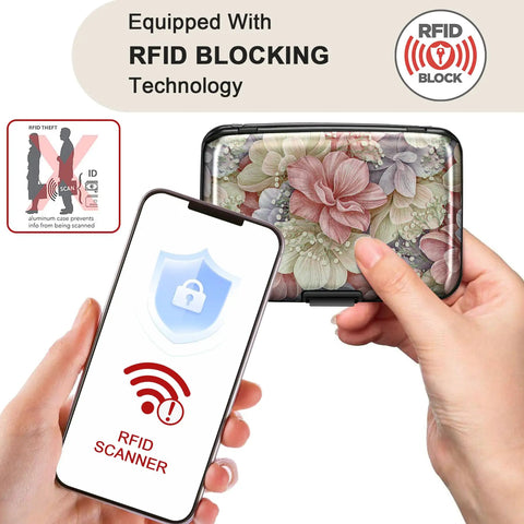 Ultra Slim RFID Blocking Aluminum Card Wallet For Men And Women, Metal Card Holder With Clasp Closure shown with a protective floral design