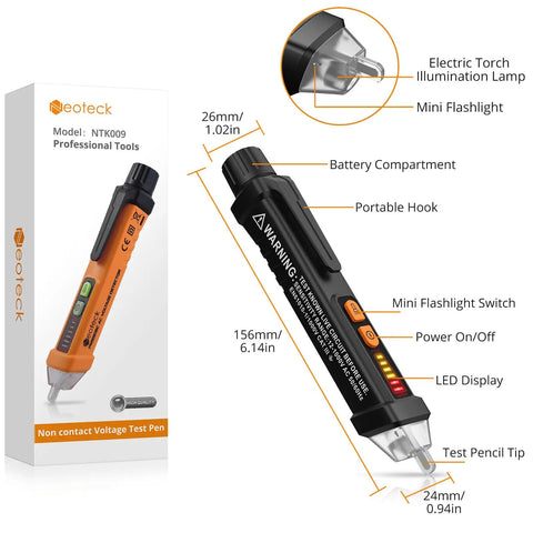 Voltage Tester 12 To 1000V AC Electric Pen With LED Flashlight Non Contact Detection For DIY Home Projects And Go To Pro Electric Work Built In Live Wire Alarm And Easy Audible Alerts, 156mm black and orange