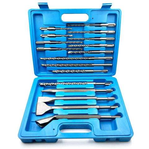 JFOGO 17-piece SDS-Plus drill bit and chisel set in blue case, front view