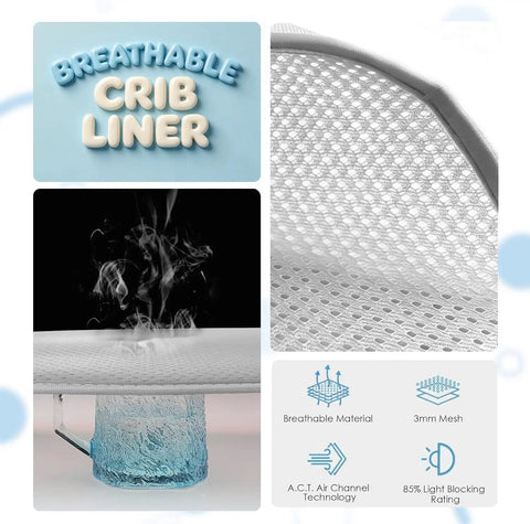 Breathable crib liner with mesh fabric showcasing air flow and light blocking features.