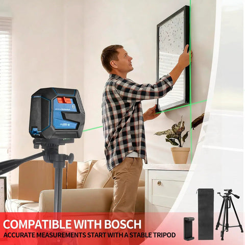 Adjustable Laser Level Tripod For Line And Point Lasers With One Quarter Twenty Mount, Extends 20.5 To 55 Inches, Collapsible Legs And Non Slip Feet, Stable Swivel Base, Carrying Pouch, For Precise Measurements On Any Job Site. Adjustable aluminum tripod with mounted laser level in living room