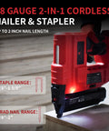 Close-up of Cordless 18 Gauge Brad Nailer 2 In 1 Electric Nail Gun With 20v Batteries Fast Charger in action with drywall.