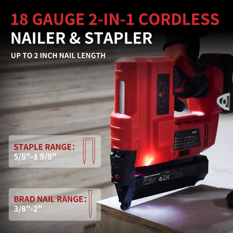 Close-up of Cordless 18 Gauge Brad Nailer 2 In 1 Electric Nail Gun With 20v Batteries Fast Charger in action with drywall.