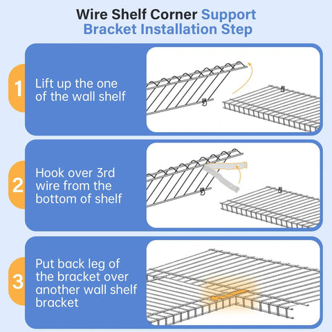 Wire shelf corner support bracket installation steps for White Epoxy Coated Steel Corner Support Brackets For Ventilated Wire Shelving Top Shelf Rust Resistant Hardware Heavy Duty Boss Build Four Pack Closet Organizers.
