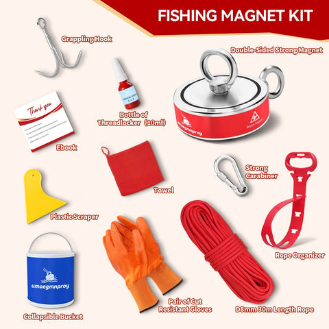 Beefy Neodymium Fishing Magnets 2600 Lb Pull Double Sided Magnets Fishing Kit with accessories including rope, gloves, and hook
