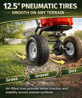 90 Pound Broadcast Spreader Walk Behind For Lawn Care And Yard Maintenance With 12.5 Inch Pneumatic Wheels on grass and gravel