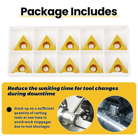 Front view of a white organizer tray containing 10 yellow carbide turning inserts (TCMT32.52/TCMT16T308)