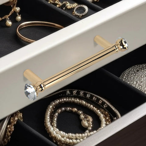 Gold Crystal Drawer Pulls 4 Pack, 5 Inch Cabinet Handles with crystal accents on a dresser drawer, zinc alloy farmhouse hardware.