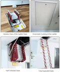 Heavy Duty Electric Attic Ladder Hella Sturdy Telescopic Pull Down Ceiling Loft Stair in multiple states, showcasing storage and operation.