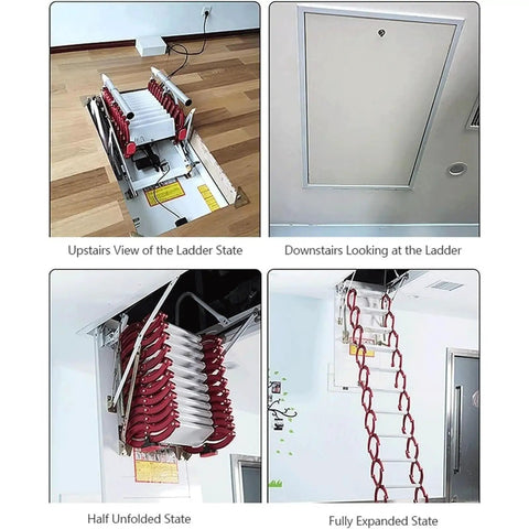 Heavy Duty Electric Attic Ladder Hella Sturdy Telescopic Pull Down Ceiling Loft Stair in multiple states, showcasing storage and operation.