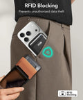 MagSafe Wallet With Full Find My Tracking Real Time Location Sound Alerts Left Behind Notifications RFID Blocking Holds 5 Cards Magnetic Card Holder For iPhone 12 To 17 Series Not For 13 12 Mini Black shown in pocket demonstrating RFID blocking feature with an iPhone
