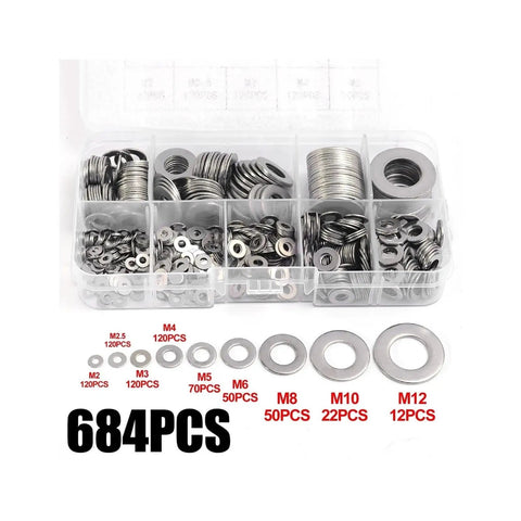 All In One Stainless Steel Washer And Fastener Assortment Kit 684 Piece Box With M2 To M12 sizes in plastic storage case