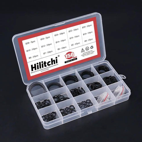 External Circlip Snap Retaining Ring Kit Alloy Steel 150 Piece Assortment For 4mm To 28mm Sizes in open case showing compartments