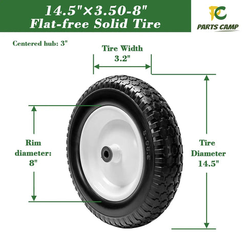 Flat Free 14.5 Inch Wheelbarrow Tire And Wheel Set 3.50-8 Replacement For Garden Carts And Wheelbarrows with measurements