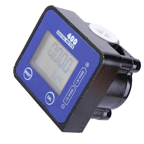 High Accuracy Fuel Flow Meter With LCD Display For Gasoline Kerosene Engine Oil And Water Flow Rates In A One Half Inch Inlet Outlet Aluminum Alloy Digital Flow Sensor For Precise Control And Low Flow Measurement, showing front view with digital display.