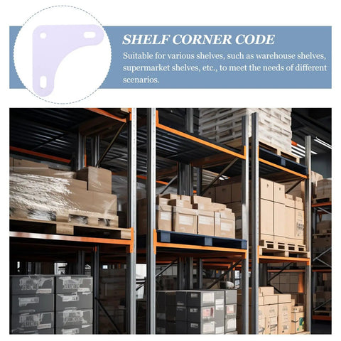 Warehouse shelves reinforced with beefy white steel corner brackets set for wood shelves, 8 pack triangular angle braces.