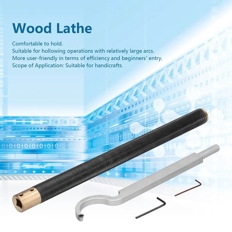 No Sweat Wood Lathe Hollowing Tool With Replaceable Tungsten Alloy Blade and Comfy Aluminum Handle on blue background.