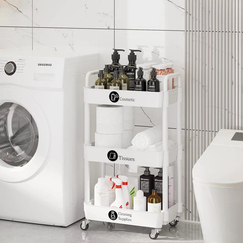 Three Tier Rolling Cart With Wheels For Kitchen Bathroom Laundry Storage, All Purpose Utility Organizer On Wheels next to washing machine
