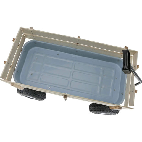 Top view of Beefy Heavy Duty Wagon with 14x32 inch steel box, wooden sides, and 10 inch pneumatic wheels for hauling tools and firewood.