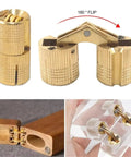 Brass cylindrical barrel hinges for cabinets concealed mount hardware with 180-degree flip feature, shown in multiple views.
