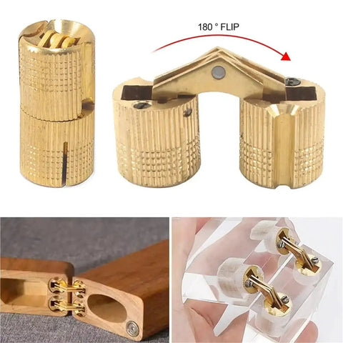 Brass cylindrical barrel hinges for cabinets concealed mount hardware with 180-degree flip feature, shown in multiple views.