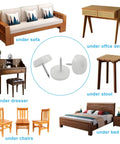 Premium 50 Pack Nail On Furniture Glides 18mm White Chair Foot Pads featuring heavy duty felt bottom under various furniture.