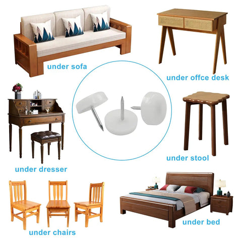 Premium 50 Pack Nail On Furniture Glides 18mm White Chair Foot Pads featuring heavy duty felt bottom under various furniture.