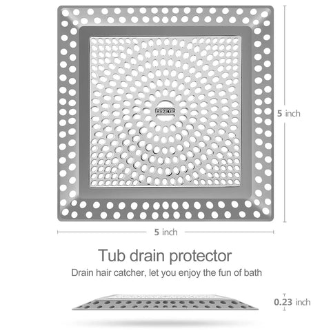 Square shower drain hair catcher and strainer cover in stainless steel and silicone material, 5x5 inches, tub drain protector.