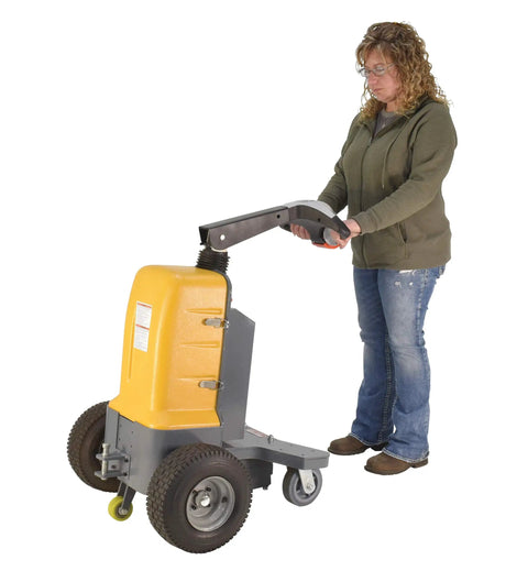 Heavy Duty Electric Powered Tugger With 3000 Lb Pull Capacity featuring ergonomic handle and wheels for easy maneuvering in warehouses.
