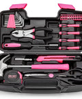 Pink 39 Piece Household Tool Set With Plastic Toolbox Essential Hand Tool Kit for home repairs and DIY projects, open view.