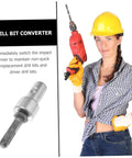 Person holding drill with Garden Auger Drill Bit Adapter And Chuck Converter For Power Tools Extends Reach For Tight Spots Earth Auger Post Digger Attachment Fits Electric And Impact Drills Handy Locking And Versatile Drill Bit Converter displayed.