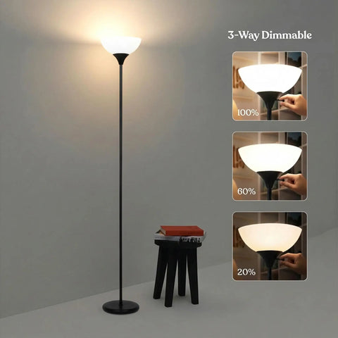 Sky Dome Dimmable LED Floor Lamp For Living Room in Jet Black with 3-way dimmer, tall torch style, 1600 lm, 3000K warm light