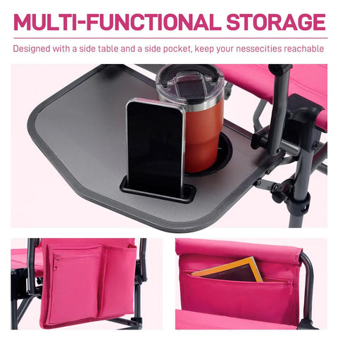 Compact Folding Directors Chair with Side Table and Pocket, Pink Heavy Duty Lawn Chair for Camping, Cup and Phone Holder