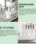 All In One 45 Piece Griddle Accessories Kit For Flat Top Grills Upgraded Spatula Set displayed in dishwasher and hanging on hooks