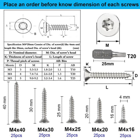 Built Like A Tank 125 Piece Torx Star Drive Flat Head Screw Set Featuring Heavy Duty 304 Stainless Steel For Wood And Sheet Metal Self Tapping Design With T20 Driver Bit Top Shelf Multipack with detailed size chart.