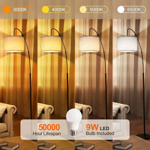 Arc Floor Lamp With Remote Control, 81 Inch Tall Dimmable LED Standing Light showcasing color temperatures in living room