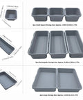 8 Piece Interlocking Drawer Organizer Trays Set In Light Gray Plastic showing different tray sizes and layouts