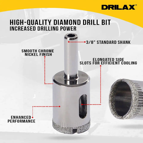 Five Eighth Inch Diamond Drill Bit For Glass Tile Ceramic Porcelain And Granite Countertops with cooling slots and chrome finish