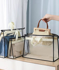 12 Pack Clear Handbag Storage Bags with Zipper and Handles, showcased with purses, see-through PVC cover, grey color