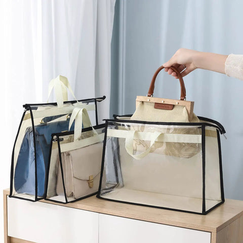12 Pack Clear Handbag Storage Bags with Zipper and Handles, showcased with purses, see-through PVC cover, grey color