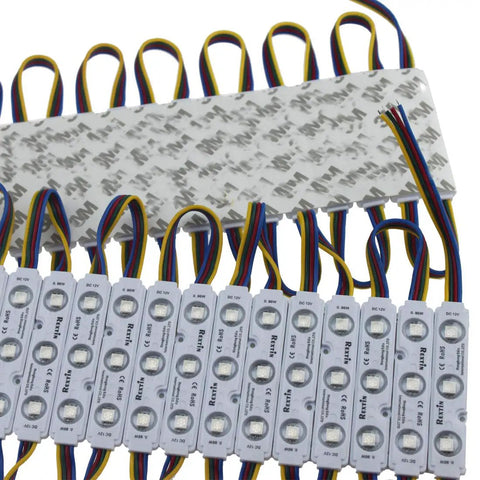 Close-up of 200 Pack 12V RGB 5050 LED Module Lights with three LED emitters and peel and stick backing for easy install