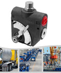 DUIBAII hydraulic adjustable flow control valve, 3/4 in NPT, front view with dial scale and red port cap