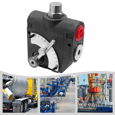 DUIBAII hydraulic adjustable flow control valve, 3/4 in NPT, front view with dial scale and red port cap