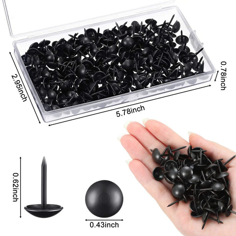 Matte Black Upholstery Tacks 7/16 Inch 11 X 17 Mm 200 Pcs With Storage Box For Upholstered Furniture Cork Board DIY Projects DIY Friendly Home Decor Durable Metal Thumb Nails, shown in a clear plastic box with a close-up of a hand holding several tacks, detailing their size and finish.