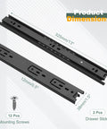Heavy Duty Steel 13 Inch Drawer Slides Full Extension Ball Bearing Side Mount Cabinet Rails With Screws For Furniture Dead Smooth Glide And Easy Setup Black Two Pack with dimensions and screws.