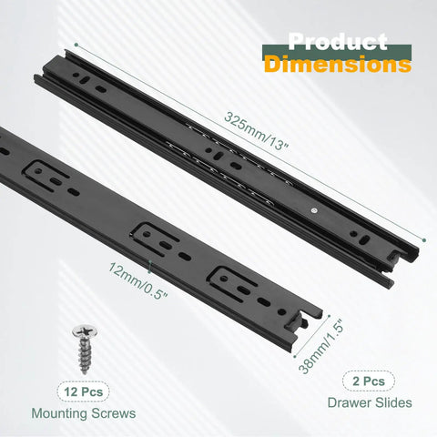Heavy Duty Steel 13 Inch Drawer Slides Full Extension Ball Bearing Side Mount Cabinet Rails With Screws For Furniture Dead Smooth Glide And Easy Setup Black Two Pack with dimensions and screws.