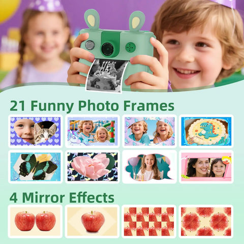 Kids Instant Print Camera 1080P HD With Three Print Rolls And 32GB Card Portable Travel Toy For Ages 3 To 16 Built In Modes For Black And White And Color Prints Totally Fun Christmas And Birthday Gift, mint bunny camera printing photo