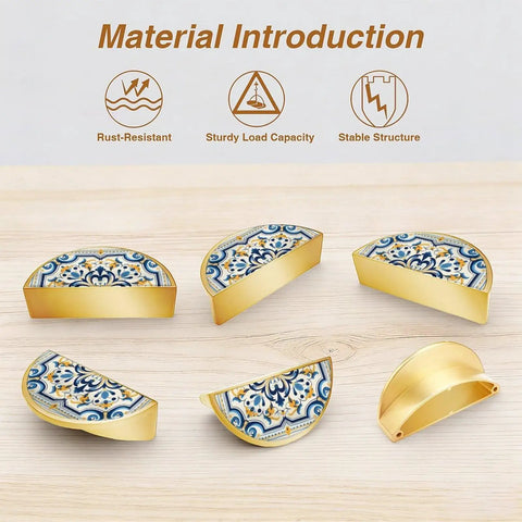 Set of six ornate baroque tile cabinet handles 3 inch hole center semicircle drawer pulls solid zinc alloy gold.